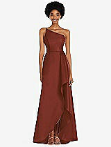 Alt View 1 Thumbnail - Auburn Moon One-Shoulder Satin Gown with Draped Front Slit and Pockets