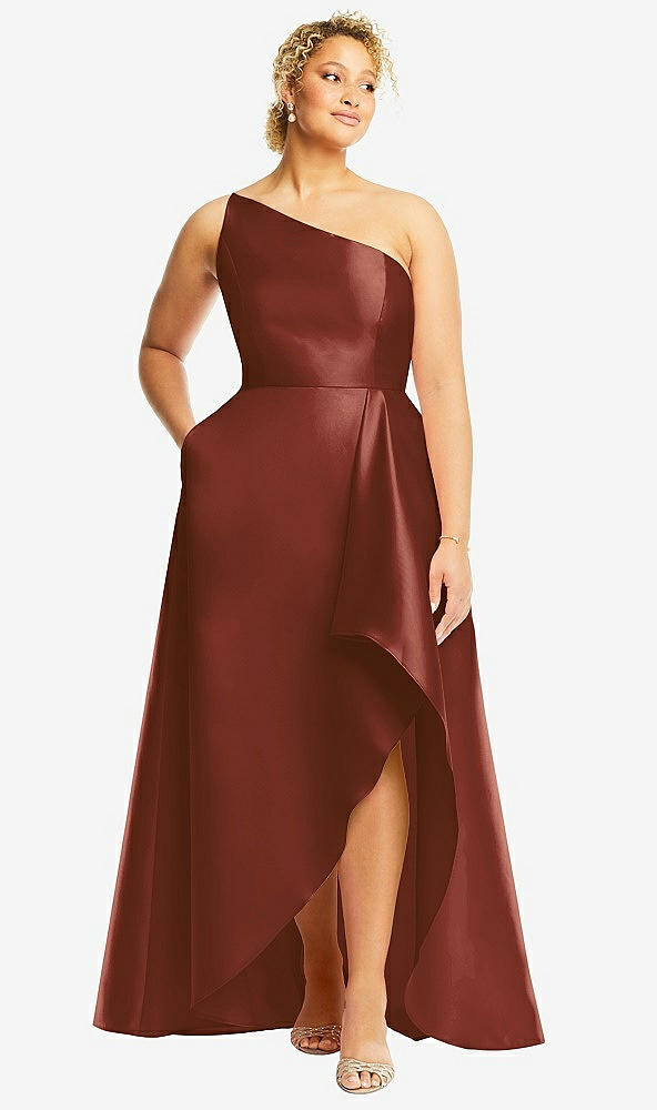 Front View - Auburn Moon One-Shoulder Satin Gown with Draped Front Slit and Pockets