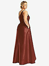 Rear View Thumbnail - Auburn Moon One-Shoulder Satin Gown with Draped Front Slit and Pockets
