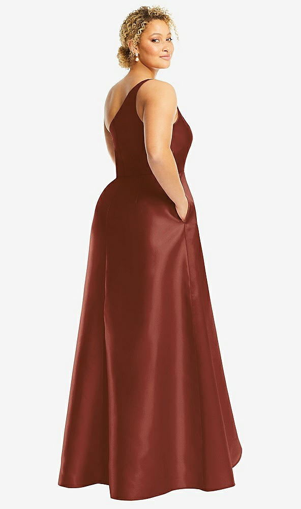 Back View - Auburn Moon One-Shoulder Satin Gown with Draped Front Slit and Pockets