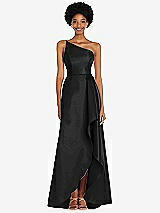 Alt View 1 Thumbnail - Black One-Shoulder Satin Gown with Draped Front Slit and Pockets
