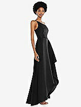 Alt View 2 Thumbnail - Black One-Shoulder Satin Gown with Draped Front Slit and Pockets