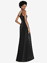 Alt View 3 Thumbnail - Black One-Shoulder Satin Gown with Draped Front Slit and Pockets