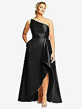 Front View Thumbnail - Black One-Shoulder Satin Gown with Draped Front Slit and Pockets