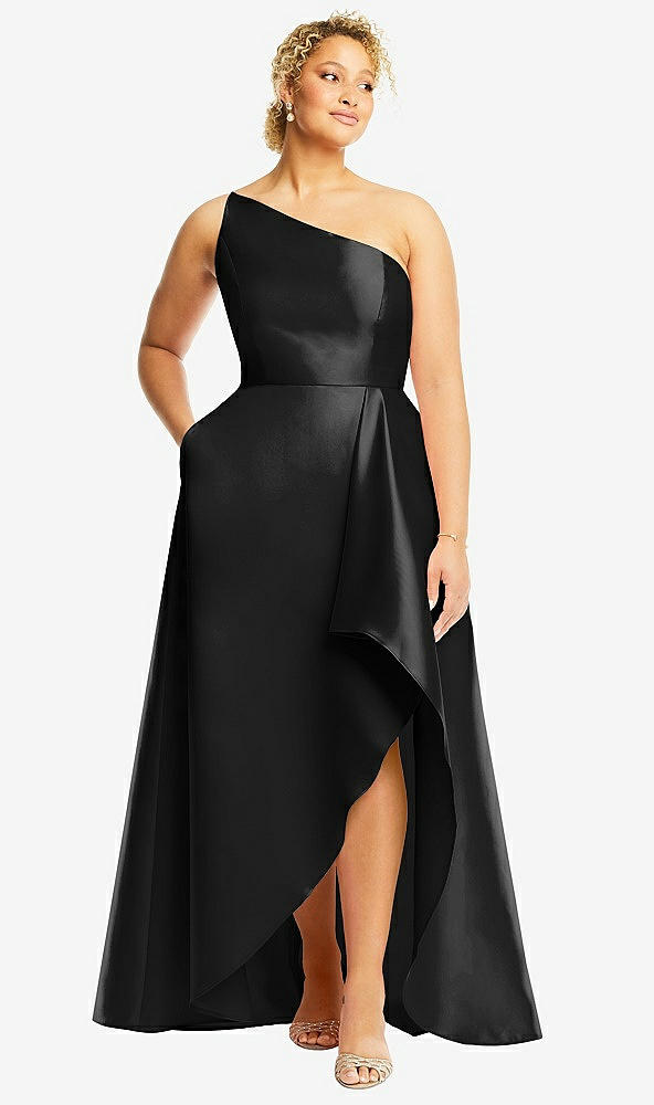 Front View - Black One-Shoulder Satin Gown with Draped Front Slit and Pockets