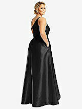 Rear View Thumbnail - Black One-Shoulder Satin Gown with Draped Front Slit and Pockets