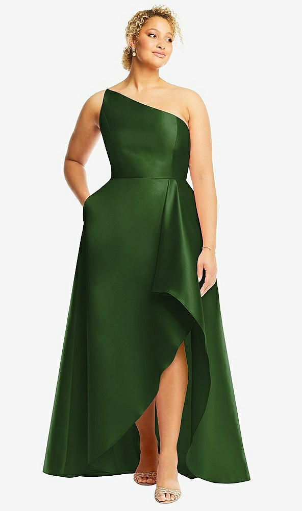 Front View - Celtic One-Shoulder Satin Gown with Draped Front Slit and Pockets