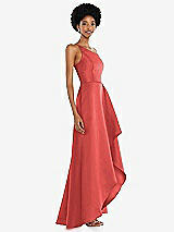 Alt View 2 Thumbnail - Perfect Coral One-Shoulder Satin Gown with Draped Front Slit and Pockets
