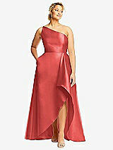 Front View Thumbnail - Perfect Coral One-Shoulder Satin Gown with Draped Front Slit and Pockets