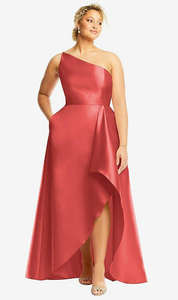 Front View - Perfect Coral One-Shoulder Satin Gown with Draped Front Slit and Pockets