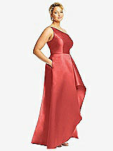 Side View Thumbnail - Perfect Coral One-Shoulder Satin Gown with Draped Front Slit and Pockets
