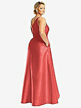 Rear View Thumbnail - Perfect Coral One-Shoulder Satin Gown with Draped Front Slit and Pockets