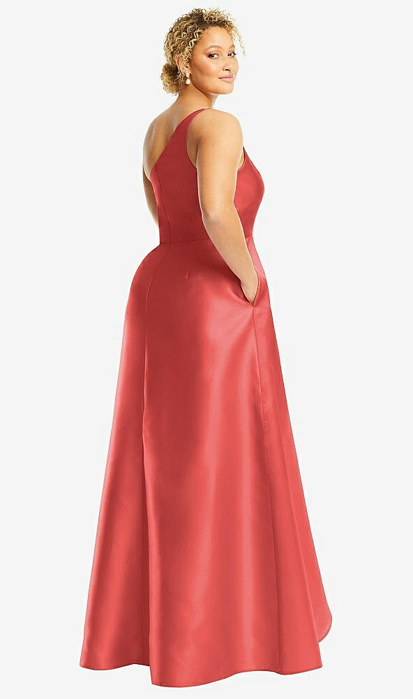 Back View - Perfect Coral One-Shoulder Satin Gown with Draped Front Slit and Pockets