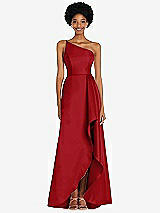 Alt View 1 Thumbnail - Garnet One-Shoulder Satin Gown with Draped Front Slit and Pockets