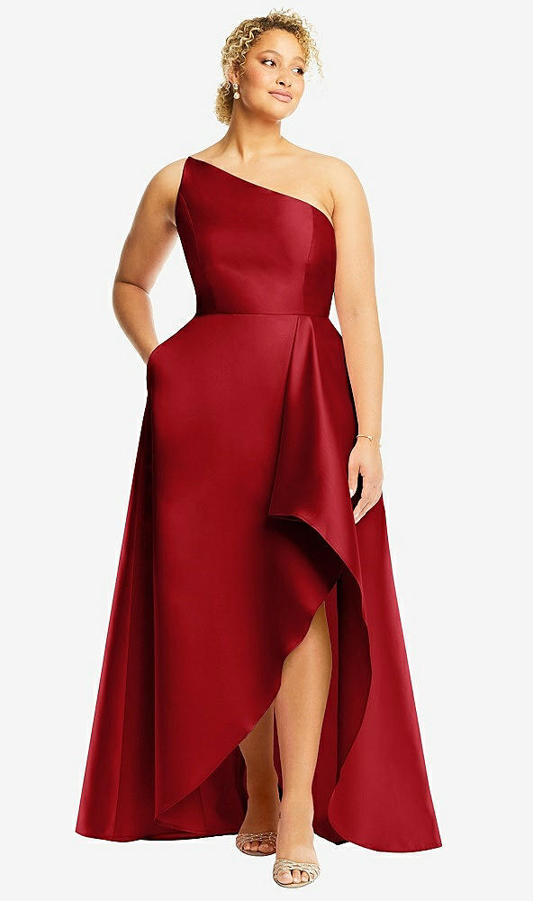 Front View - Garnet One-Shoulder Satin Gown with Draped Front Slit and Pockets