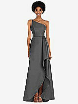 Alt View 1 Thumbnail - Gunmetal One-Shoulder Satin Gown with Draped Front Slit and Pockets
