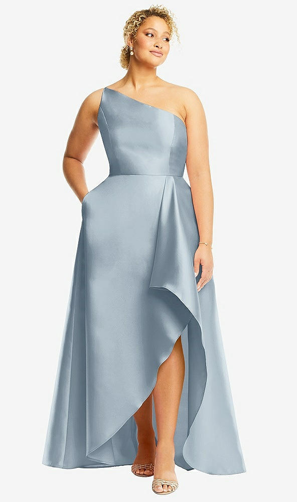 Front View - Mist One-Shoulder Satin Gown with Draped Front Slit and Pockets