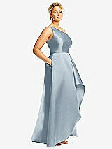 Side View Thumbnail - Mist One-Shoulder Satin Gown with Draped Front Slit and Pockets