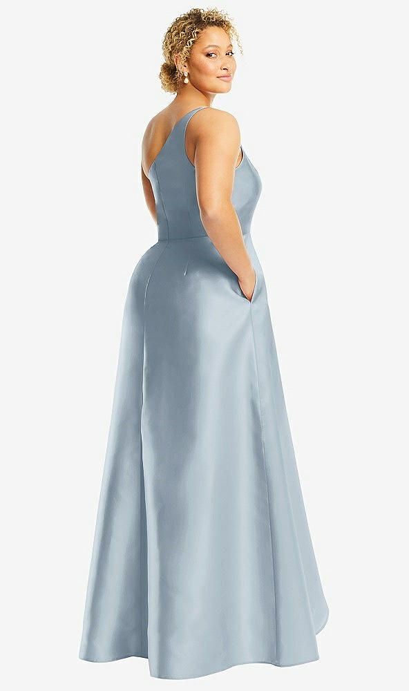 Back View - Mist One-Shoulder Satin Gown with Draped Front Slit and Pockets