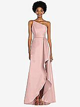 Alt View 1 Thumbnail - Rose - PANTONE Rose Quartz One-Shoulder Satin Gown with Draped Front Slit and Pockets