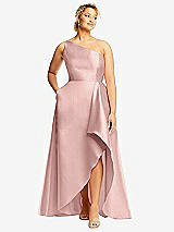 Front View Thumbnail - Rose - PANTONE Rose Quartz One-Shoulder Satin Gown with Draped Front Slit and Pockets