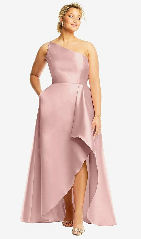 Front View - Rose - PANTONE Rose Quartz One-Shoulder Satin Gown with Draped Front Slit and Pockets