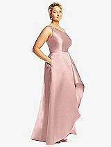 Side View Thumbnail - Rose - PANTONE Rose Quartz One-Shoulder Satin Gown with Draped Front Slit and Pockets