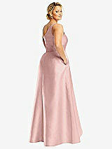 Rear View Thumbnail - Rose - PANTONE Rose Quartz One-Shoulder Satin Gown with Draped Front Slit and Pockets