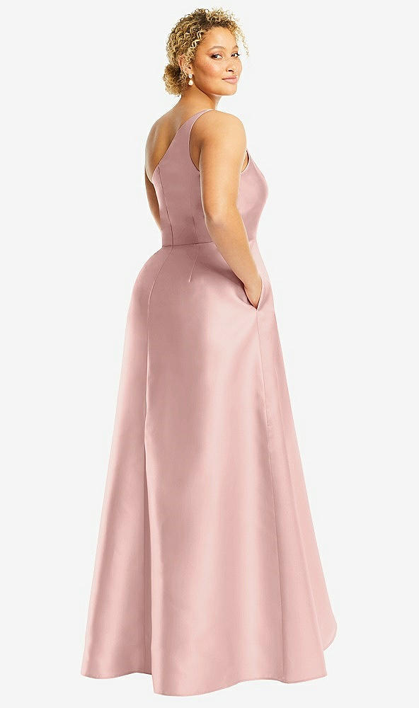 Back View - Rose - PANTONE Rose Quartz One-Shoulder Satin Gown with Draped Front Slit and Pockets