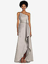 Alt View 1 Thumbnail - Taupe One-Shoulder Satin Gown with Draped Front Slit and Pockets