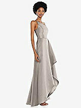 Alt View 2 Thumbnail - Taupe One-Shoulder Satin Gown with Draped Front Slit and Pockets