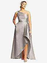 Front View Thumbnail - Taupe One-Shoulder Satin Gown with Draped Front Slit and Pockets