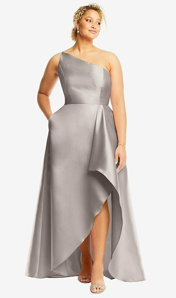 Front View - Taupe One-Shoulder Satin Gown with Draped Front Slit and Pockets