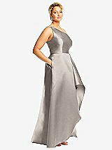 Side View Thumbnail - Taupe One-Shoulder Satin Gown with Draped Front Slit and Pockets