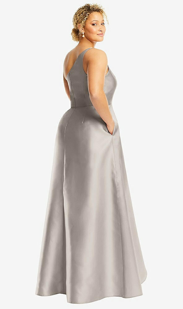 Back View - Taupe One-Shoulder Satin Gown with Draped Front Slit and Pockets