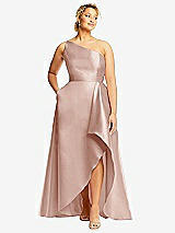 Front View Thumbnail - Toasted Sugar One-Shoulder Satin Gown with Draped Front Slit and Pockets