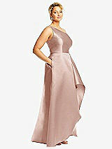 Side View Thumbnail - Toasted Sugar One-Shoulder Satin Gown with Draped Front Slit and Pockets