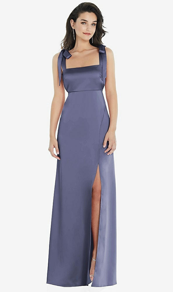 Front View - French Blue Flat Tie-Shoulder Empire Waist Maxi Dress with Front Slit