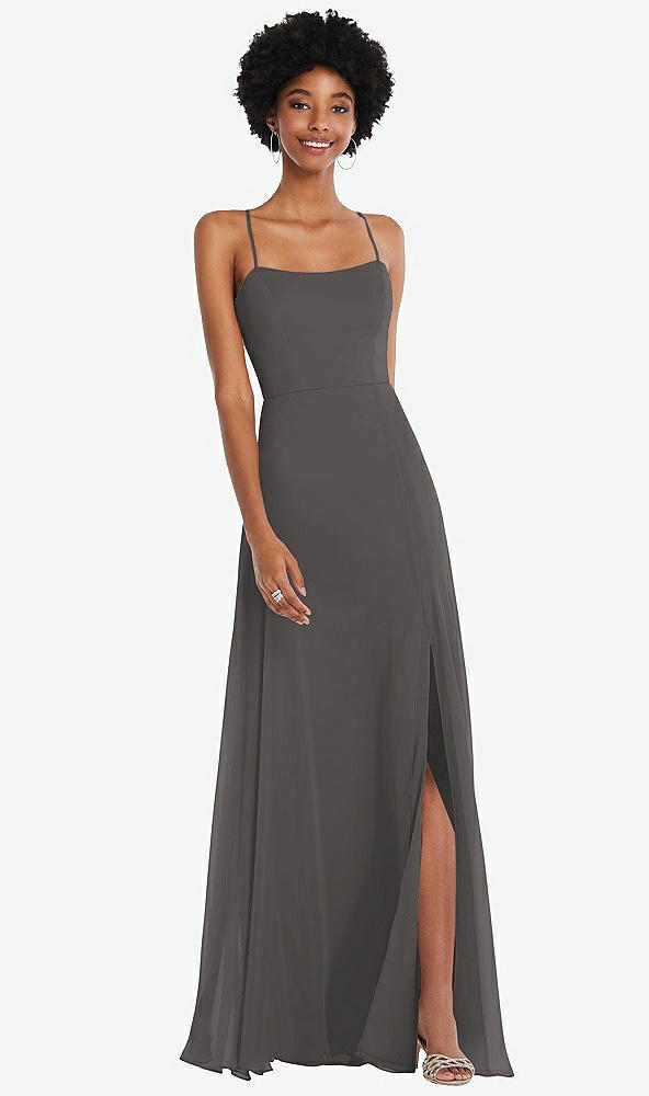 Front View - Caviar Gray Scoop Neck Convertible Tie-Strap Maxi Dress with Front Slit