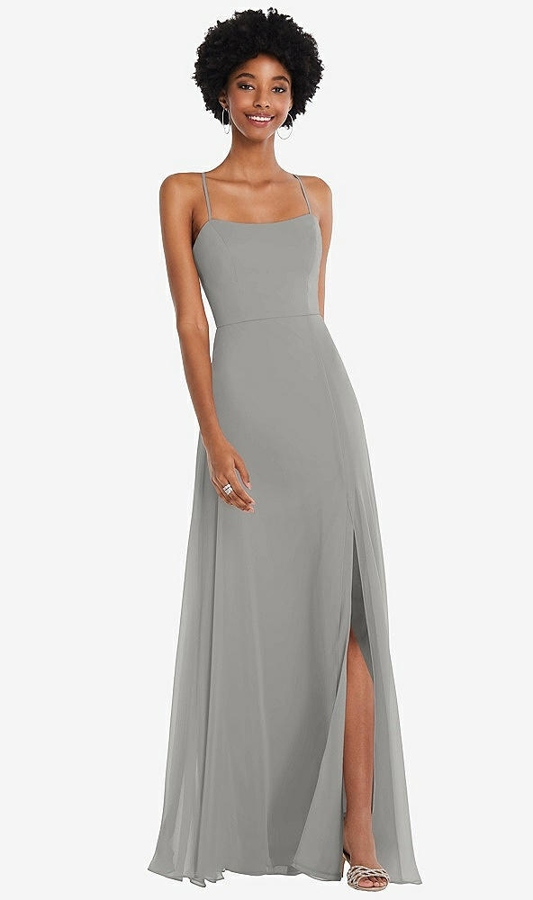 Front View - Chelsea Gray Scoop Neck Convertible Tie-Strap Maxi Dress with Front Slit