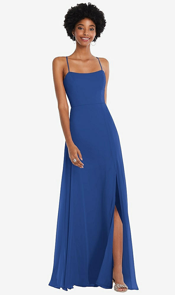 Front View - Classic Blue Scoop Neck Convertible Tie-Strap Maxi Dress with Front Slit