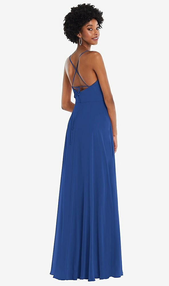 Back View - Classic Blue Scoop Neck Convertible Tie-Strap Maxi Dress with Front Slit