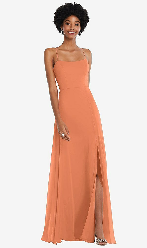 Front View - Sweet Melon Scoop Neck Convertible Tie-Strap Maxi Dress with Front Slit