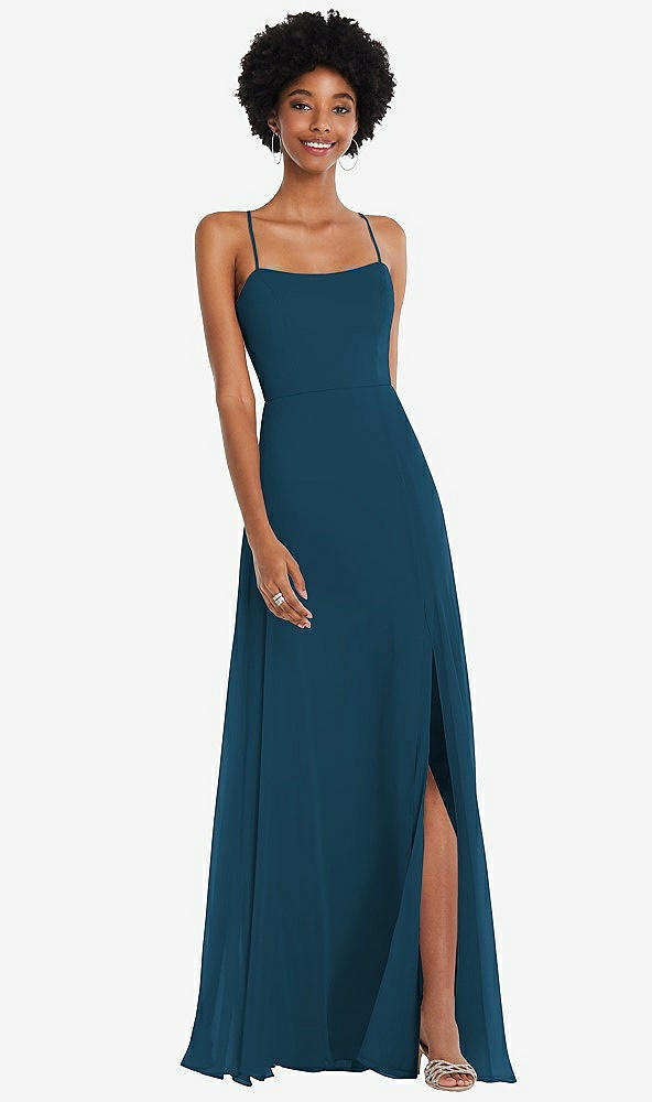 Front View - Atlantic Blue Scoop Neck Convertible Tie-Strap Maxi Dress with Front Slit