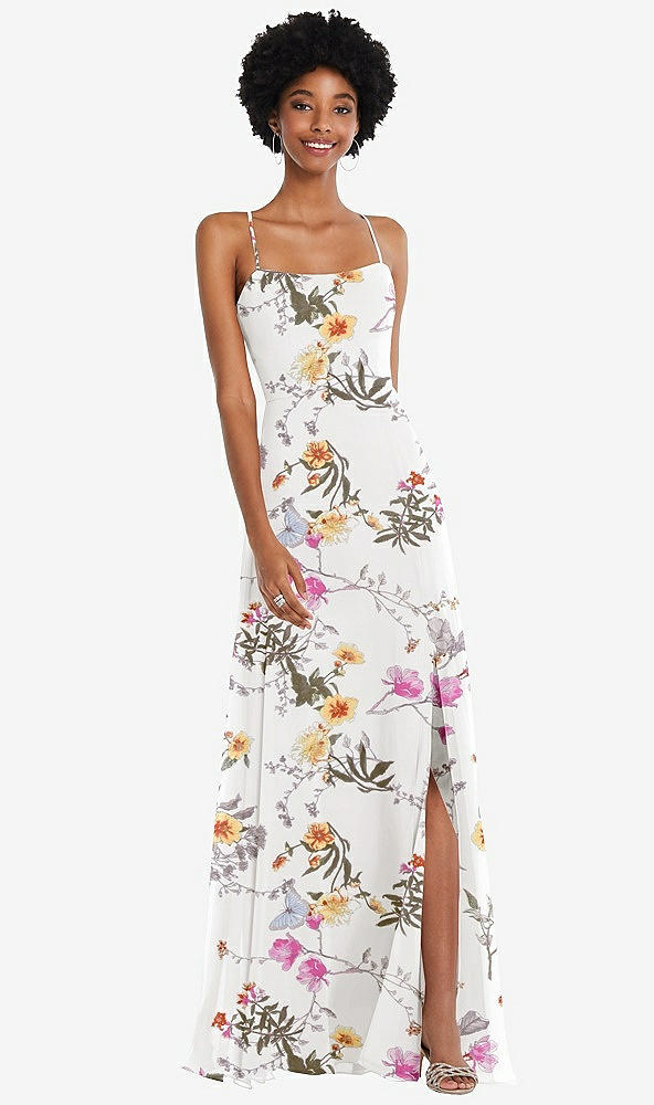 Front View - Butterfly Botanica Ivory Scoop Neck Convertible Tie-Strap Maxi Dress with Front Slit