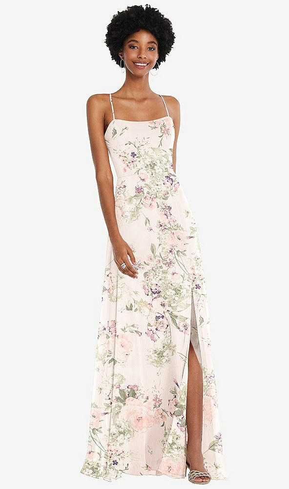 Front View - Blush Garden Scoop Neck Convertible Tie-Strap Maxi Dress with Front Slit