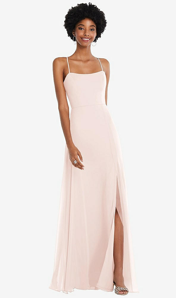 Front View - Blush Scoop Neck Convertible Tie-Strap Maxi Dress with Front Slit