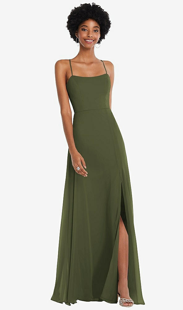 Front View - Olive Green Scoop Neck Convertible Tie-Strap Maxi Dress with Front Slit