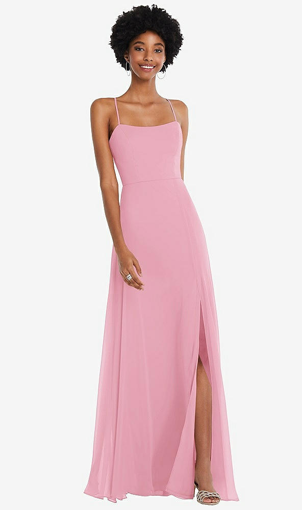 Front View - Peony Pink Scoop Neck Convertible Tie-Strap Maxi Dress with Front Slit