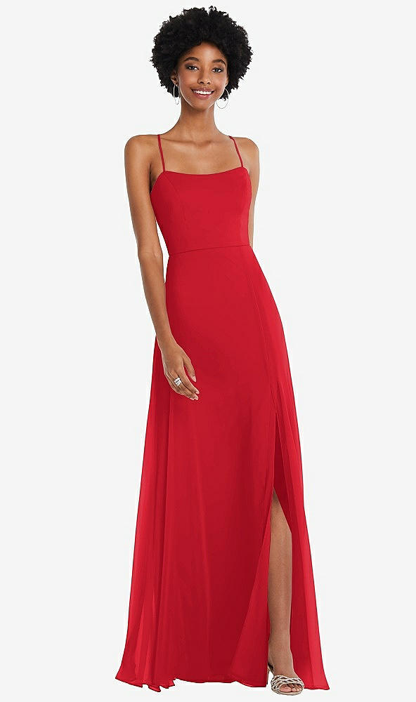 Front View - Parisian Red Scoop Neck Convertible Tie-Strap Maxi Dress with Front Slit